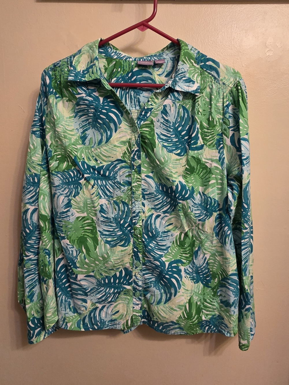Laura Scott Tropical Botanical Leaf Cotton Blouse XL Coastal Boho Grandma Style
